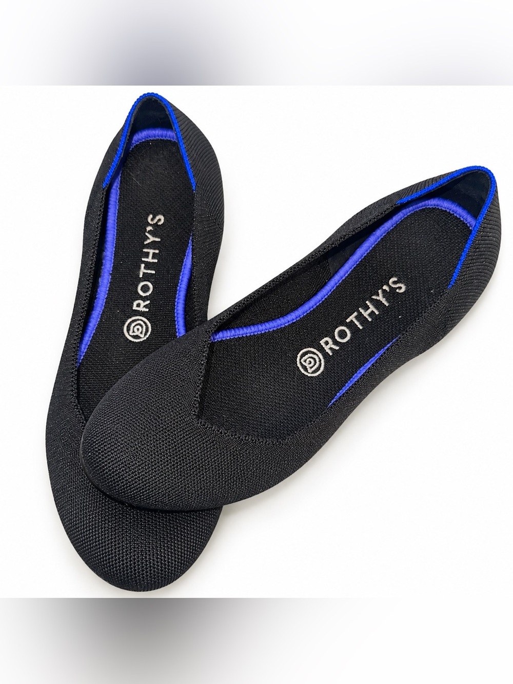 Rothy’s The Flat Black Knit Ballet Flats Blue Trim Women’s Size 9.5